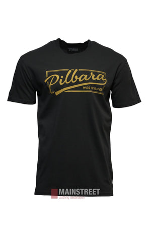 The Pilbara Game Day T-Shirt is a black, short-sleeve cotton top with a bold gold "Pilbara" and "Western" logo on the chest, shown on a plain white background.
