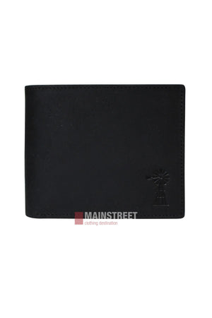 The Pilbara Leather Wallet is a plain black leather wallet featuring minimal stitching and a small embossed windmill design in the lower right corner.