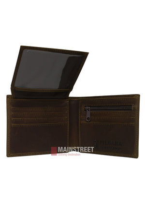The Pilbara Leather Wallet, in premium brown leather, features multiple card slots, a transparent ID window, and a zippered coin pocket. Displayed on a white background with "MAINSTREET clothing destination" across the wallet.