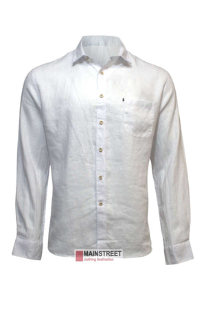 Displayed on a plain background is the Pilbara Linen Shirt, a white long-sleeved button-up featuring a classic collar, a chest pocket on the left side, and white buttons down the front. At the bottom of the shirt is a white tag with "Mainstreet clothing destination" written in black and red text.