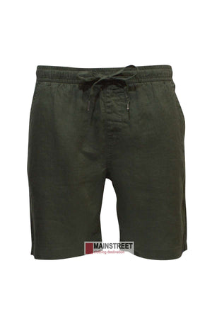 A pair of dark green, knee-length Pilbara Linen Shorts with an adjustable drawstring waistband. These shorts include side pockets and are crafted from a lightweight fabric. The image also features a logo at the bottom that reads "MAINSTREET clothing destination.