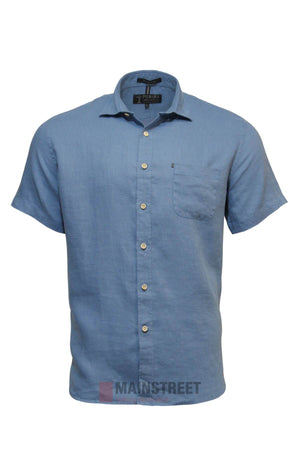 Light blue Pilbara Linen Short Sleeve Shirt, 100% linen with a single chest pocket, short sleeves, shown laid flat on a white background.