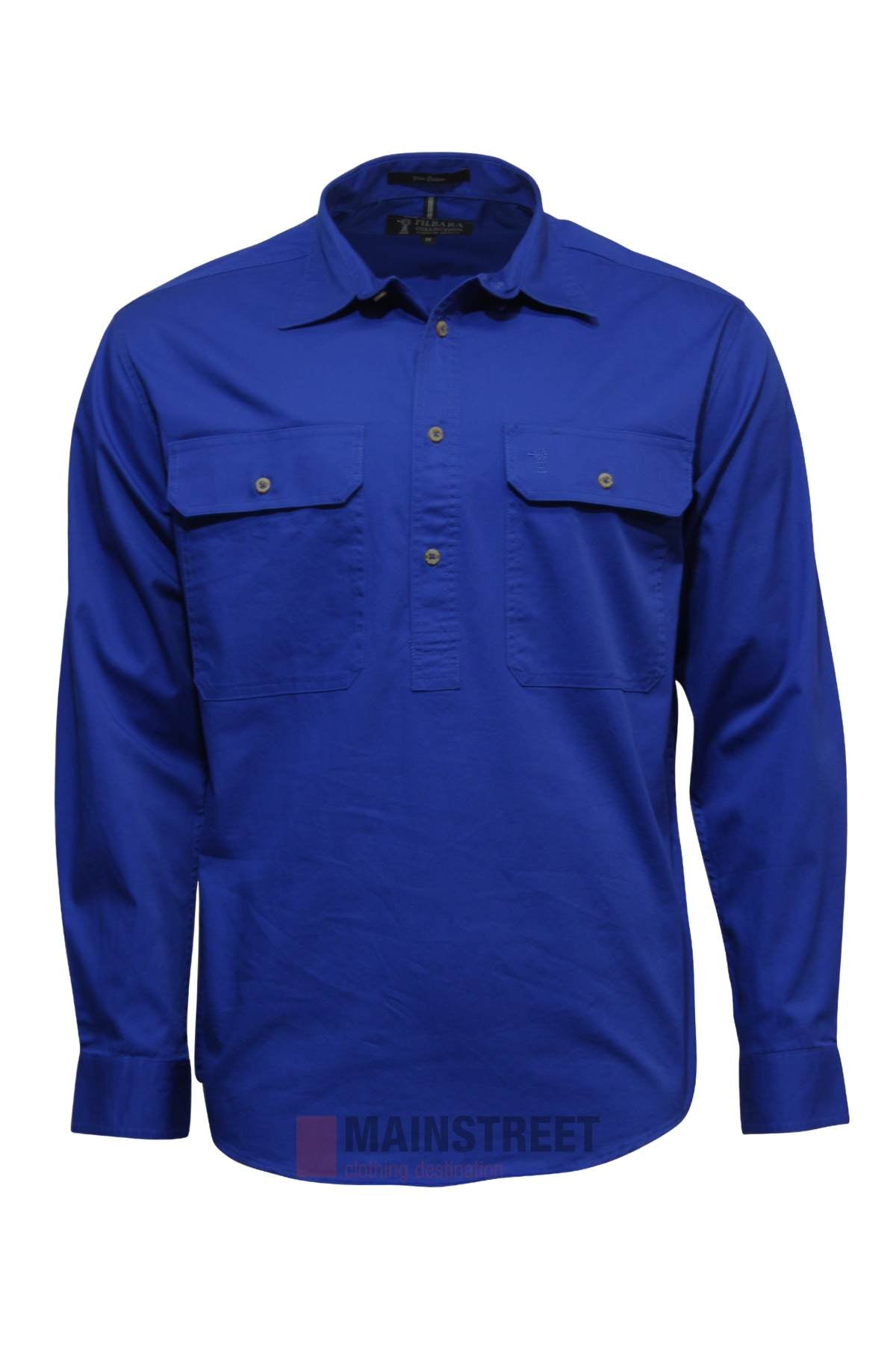 The Pilbara Long Sleeve Closed Front Shirt for men in bright blue features UPF 50+, long sleeves, a collar, and two button-flap chest pockets, shown on a white background.