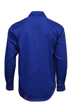 The Pilbara Long Sleeve Closed Front Shirt is displayed from the back, featuring a plain royal blue cotton design with long sleeves and buttons, set against a white background.