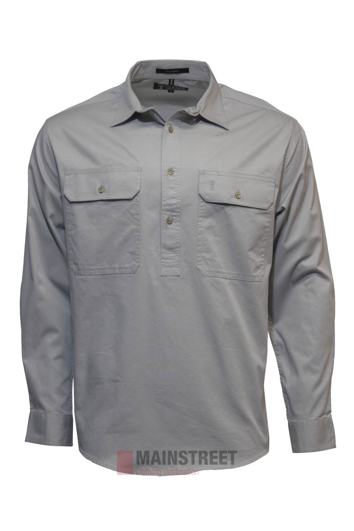 The Pilbara Long Sleeve Closed Front Shirt is a light gray men's work shirt, 100% cotton, featuring two chest pockets and front and pocket buttons, shown on a plain white background.