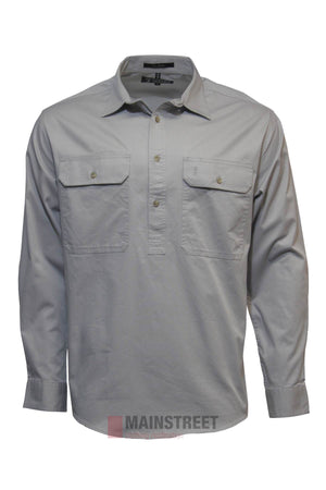 The Pilbara Long Sleeve Closed Front Shirt is a light gray men's work shirt, 100% cotton, featuring two chest pockets and front and pocket buttons, shown on a plain white background.