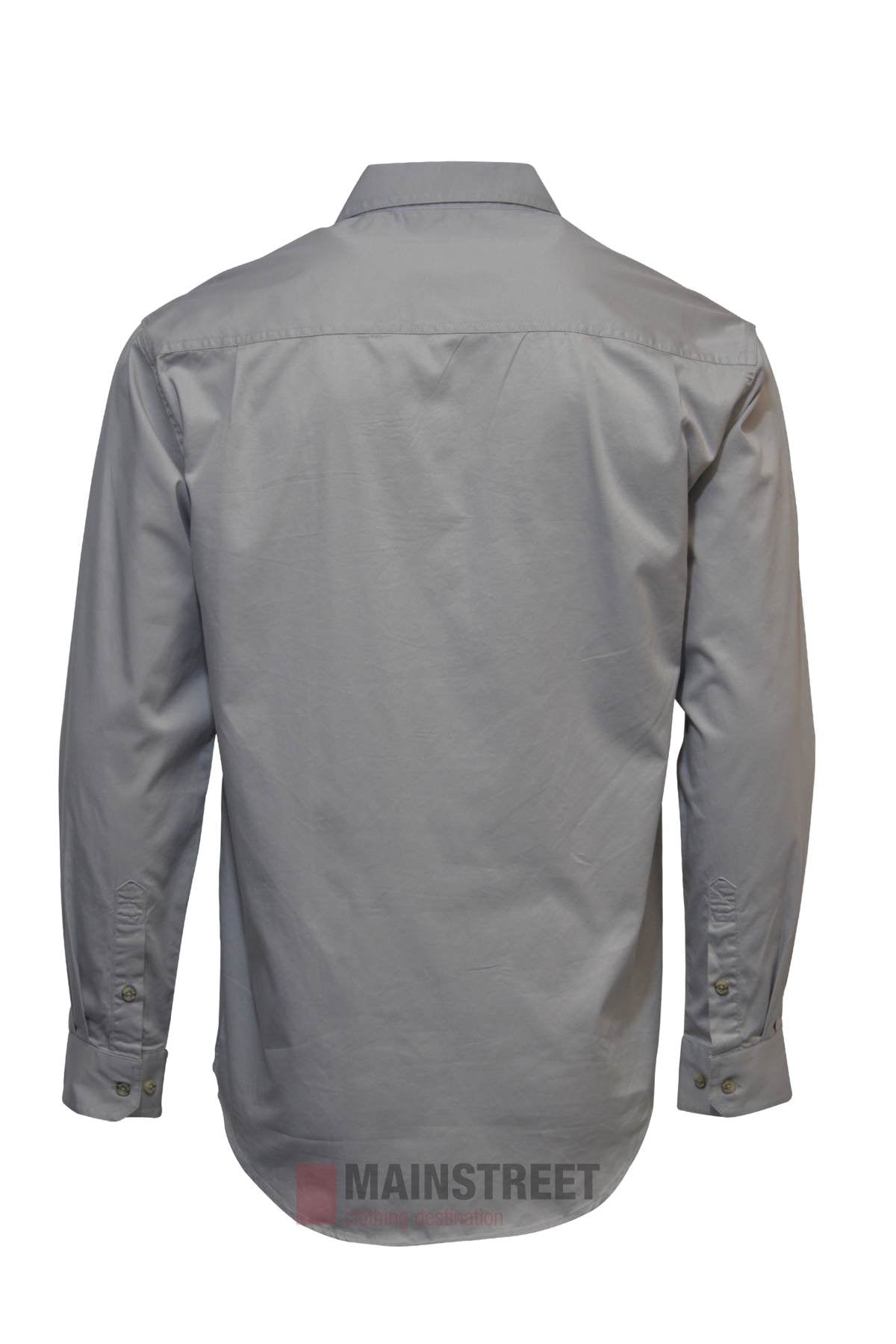 Back view of the Pilbara Long Sleeve Closed Front Shirt, a plain light gray men's work shirt made from 100% cotton with long sleeves, collar, buttoned cuffs, and straight hem. Neatly displayed against a white background.