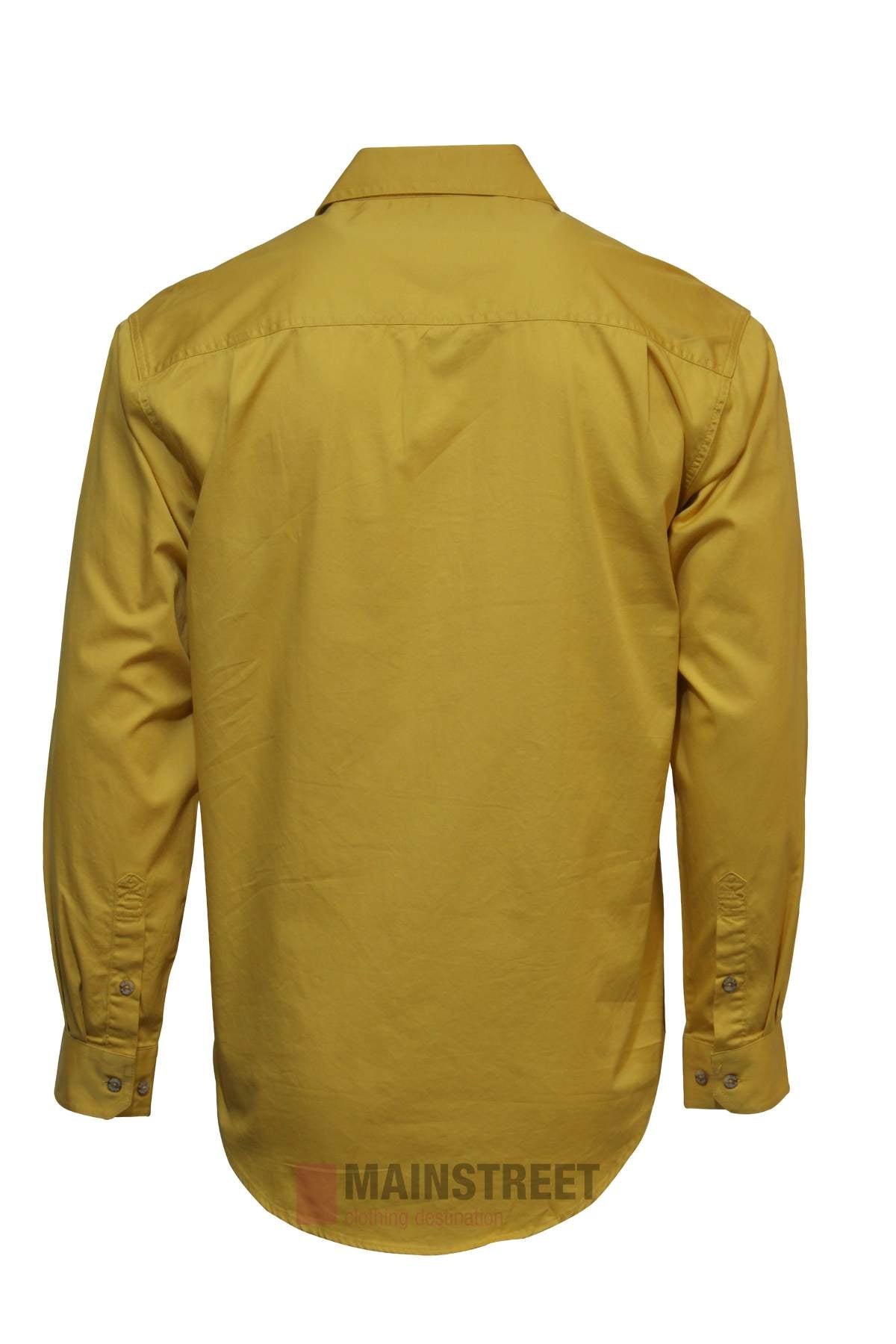 The Pilbara Long Sleeve Closed Front Shirt by Ritemate is a yellow men's work shirt, shown from the back, with buttoned cuffs, classic collar, and UPF 50+ sun protection.