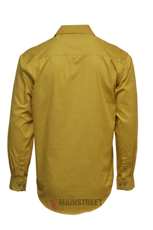 The Pilbara Long Sleeve Closed Front Shirt by Ritemate is a yellow men's work shirt, shown from the back, with buttoned cuffs, classic collar, and UPF 50+ sun protection.