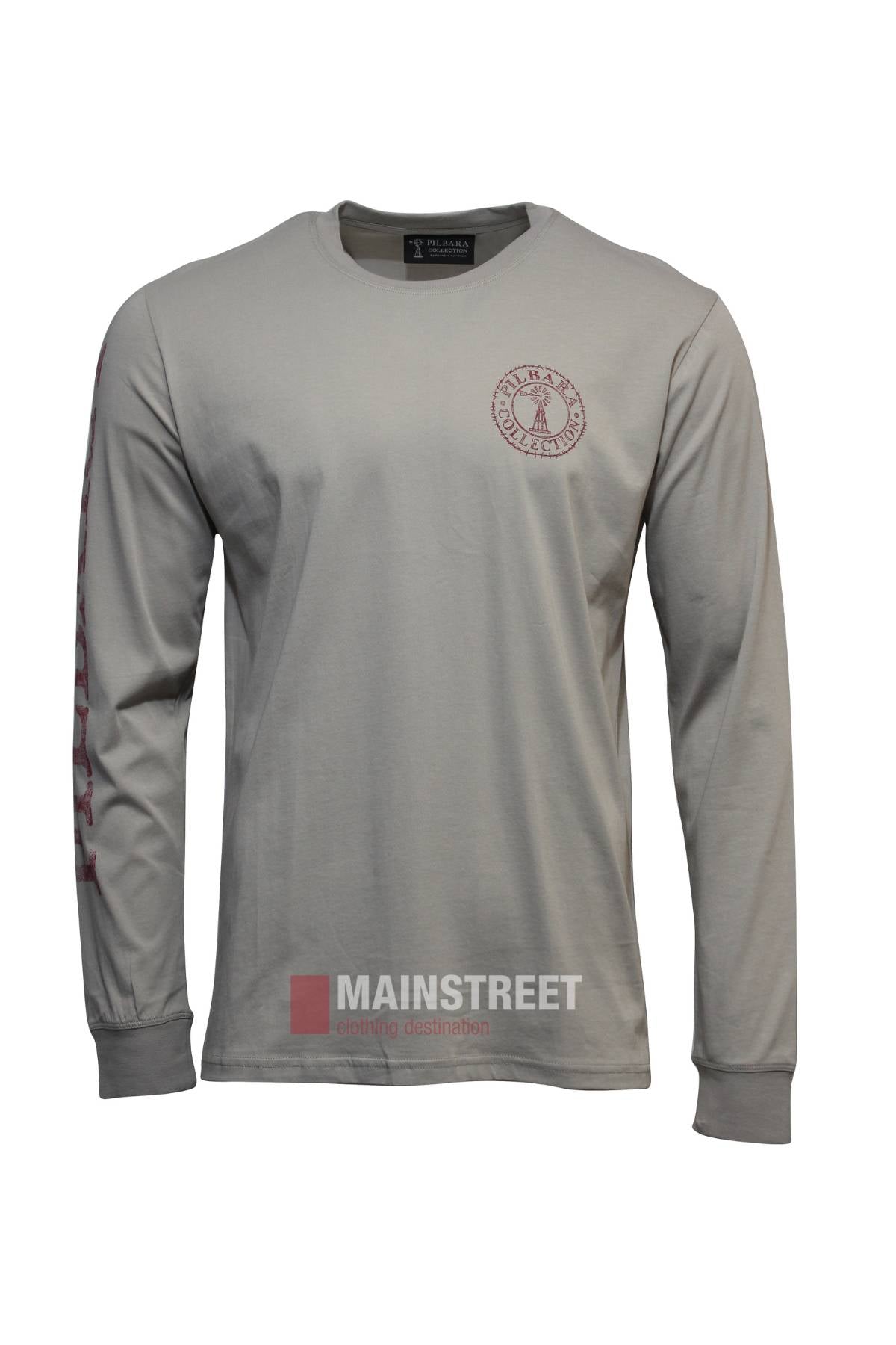The Pilbara Long Sleeve T-Shirt is a light gray, 100% cotton tee with a round neck, elastic cuffs, small chest logo, and bold red text down the right sleeve. Displayed against a white background.