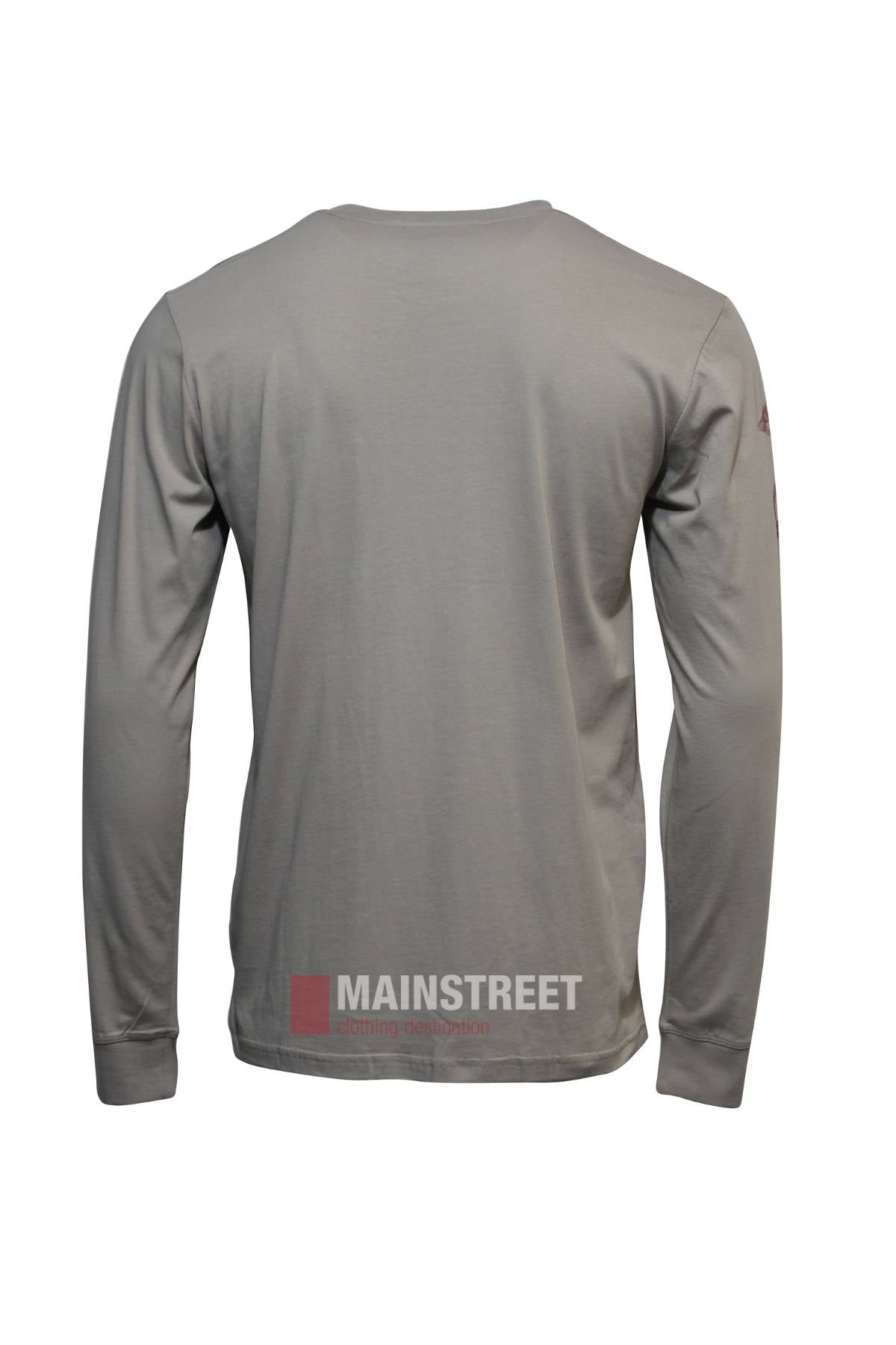 A plain gray Pilbara Long Sleeve T-Shirt is shown from the back, featuring a crew neck, elastic cuffs, and no visible pattern. Made from 100% cotton, the shirt appears unworn.