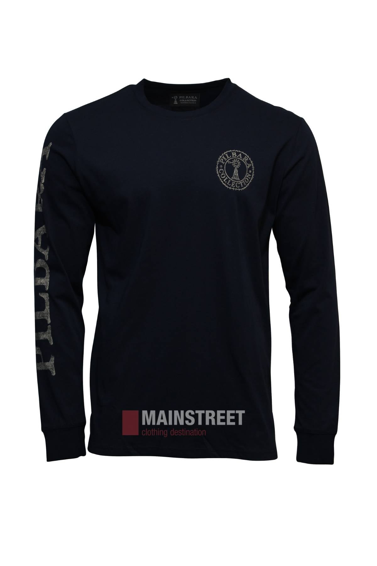 The Pilbara Long Sleeve T-Shirt is a black 100% cotton top with a round neckline, small left-chest logo, and bold white Pilbara text down the right sleeve. Displayed on a plain white background.