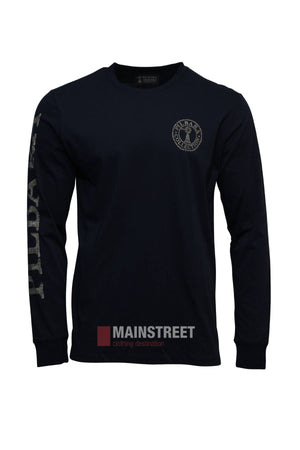 The Pilbara Long Sleeve T-Shirt is a black 100% cotton top with a round neckline, small left-chest logo, and bold white Pilbara text down the right sleeve. Displayed on a plain white background.