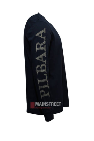 The Pilbara Long Sleeve T-Shirt, shown in black from the side, features bold Pilbara lettering printed vertically down the sleeve and is crafted from 100% cotton for comfort and style.