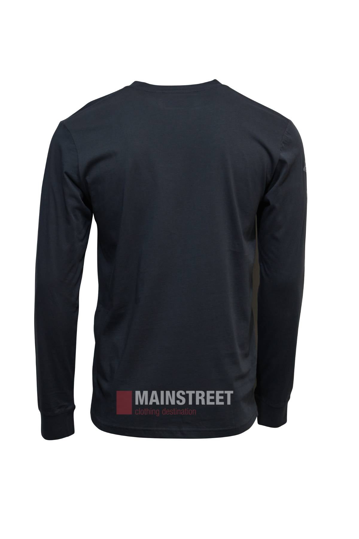 A plain black Pilbara Long Sleeve T-Shirt, 100% cotton, shown from the back on an invisible mannequin with the "MAINSTREET clothing destination" logo at the bottom center of the image.
