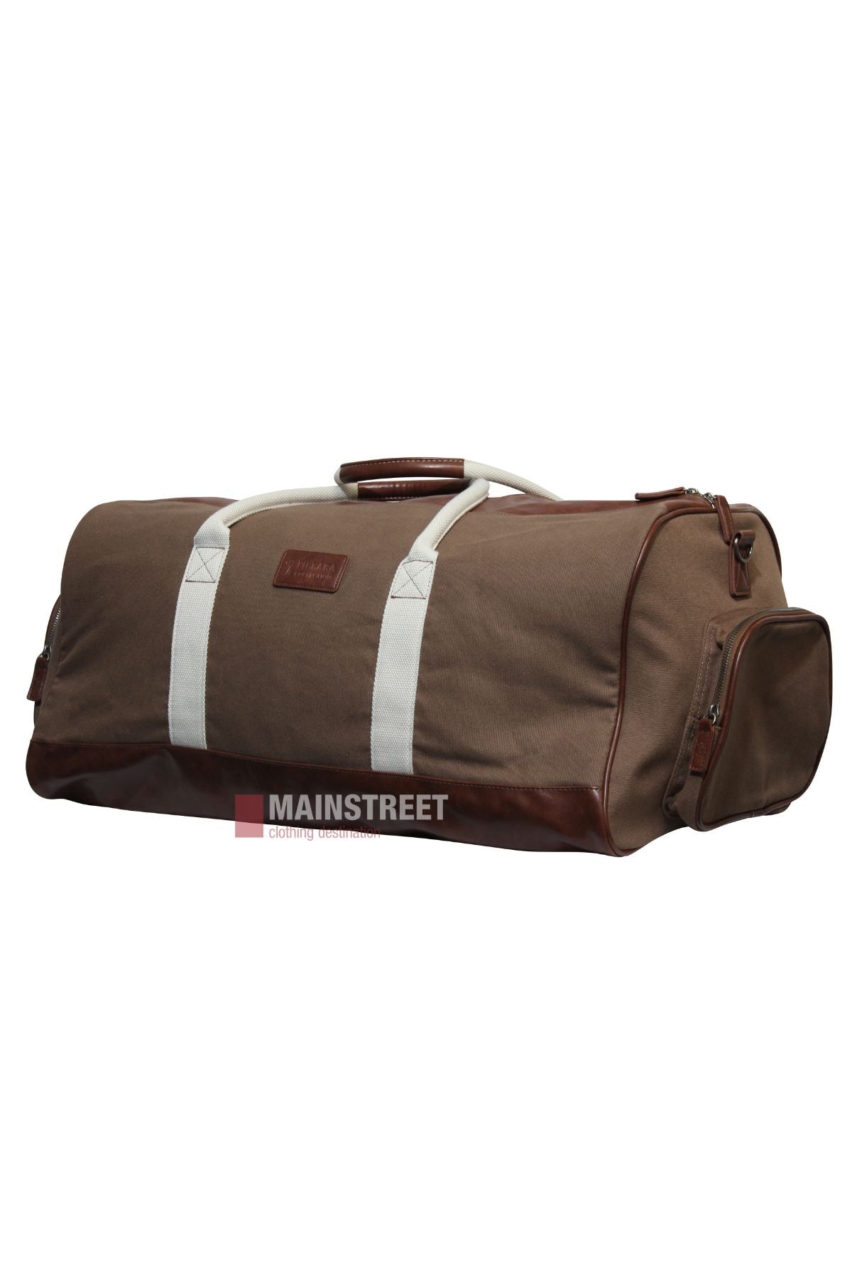 The Pilbara Long Weekender Bag features brown canvas with white handles and straps, stylish brown leather trim, and a zippered side pocket. The rectangular design combines canvas and leather, set against a white background.