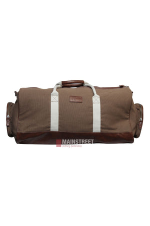 The Pilbara Long Weekender Bag by Ritemate features brown canvas, leather accents, white straps, side pockets, and a sturdy top handle. Displayed against a clean white background.
