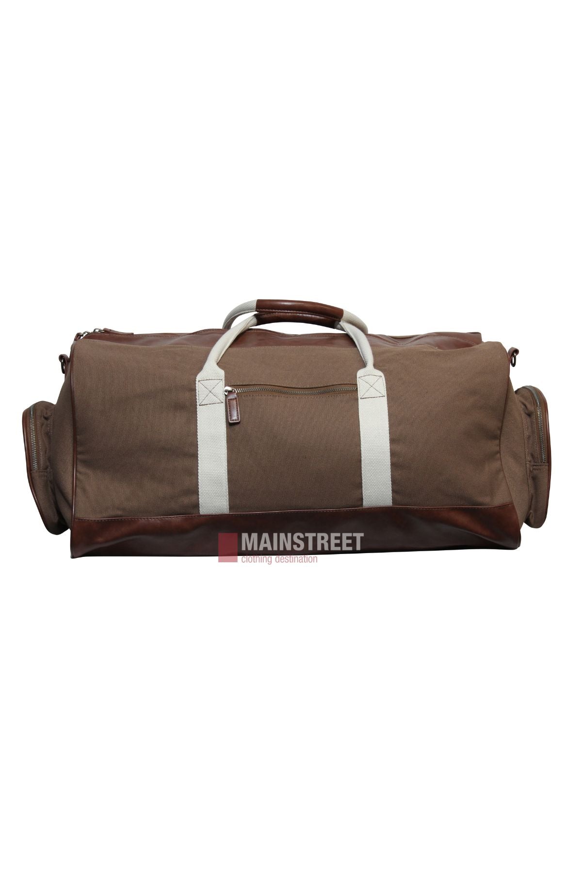 The Pilbara Long Weekender Bag features brown canvas and leather, white handles, leather accents, side pockets, and "MAINSTREET" label—your perfect travel companion.