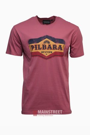 Show your regional pride with the Pilbara Oil Can T-Shirt—a soft cotton tee in mauve with a vintage-style "PILBARA WESTERN" logo in yellow, blue, and red across the chest, set against a plain white background.