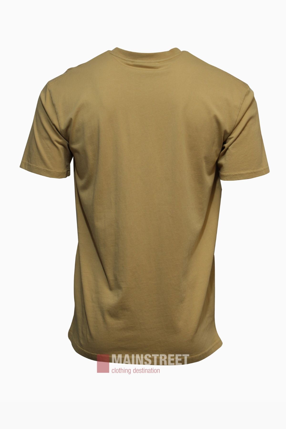 A plain light brown relaxed fit Pilbara Oil Can T-Shirt is displayed from the back on a white background. The "MAINSTREET clothing destination" logo is overlaid near the bottom, showcasing subtle regional pride.