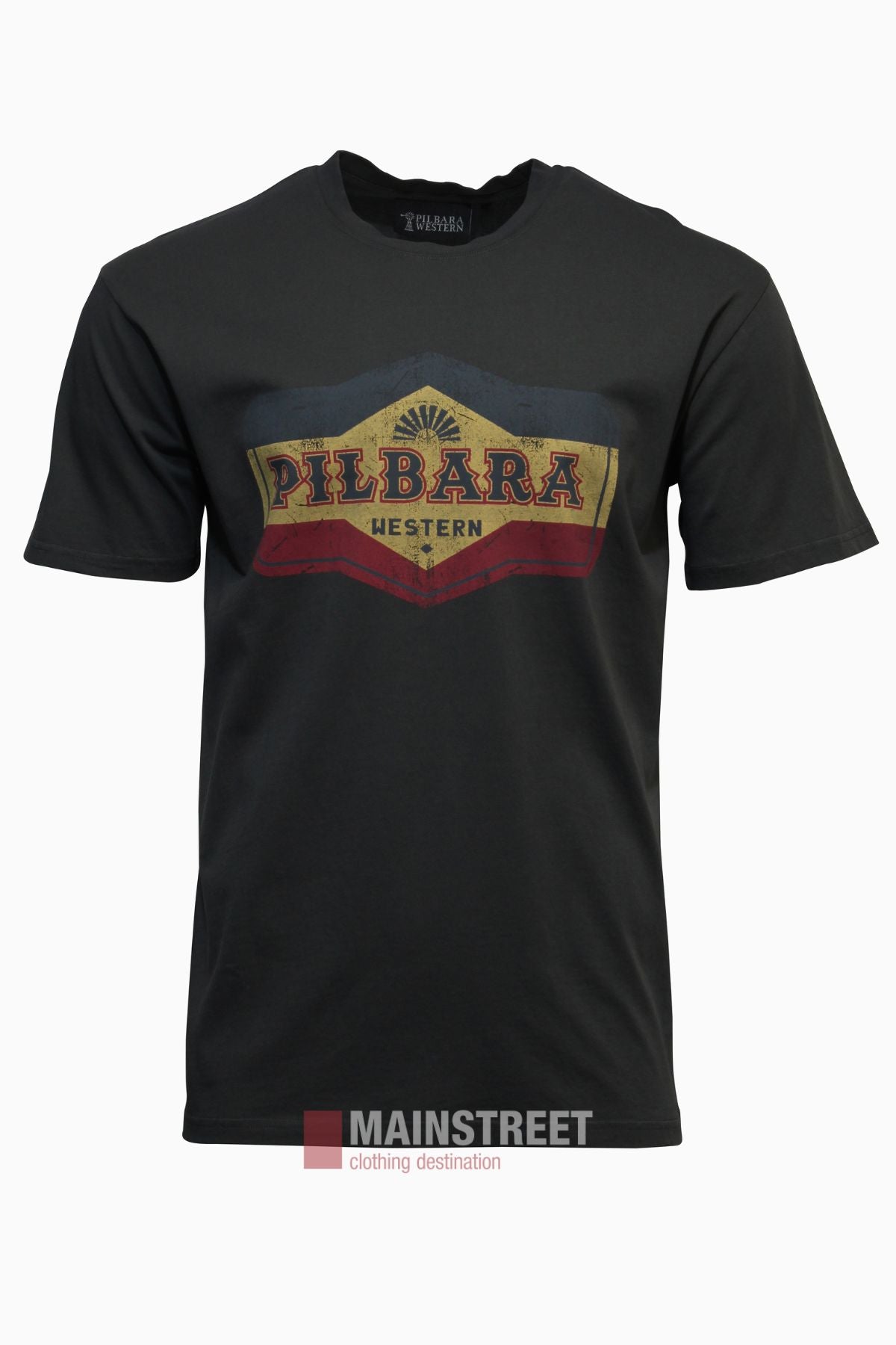 Pilbara Oil Can T-Shirt: Black cotton tee with a slightly distressed "PILBARA WESTERN" graphic in yellow, red, and blue on the chest, channeling regional pride. Style features a plain white background.