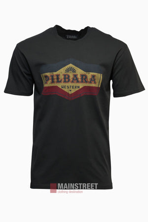 Pilbara Oil Can T-Shirt: Black cotton tee with a slightly distressed "PILBARA WESTERN" graphic in yellow, red, and blue on the chest, channeling regional pride. Style features a plain white background.