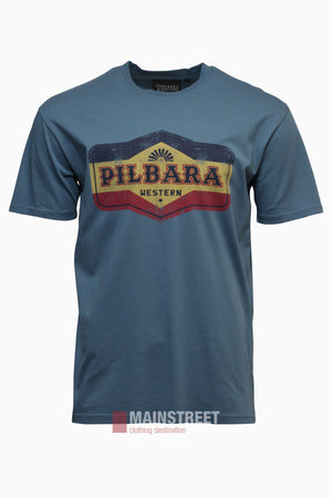 Show your regional pride with the relaxed fit Pilbara Oil Can T-Shirt, featuring a blue short-sleeved design and a vintage-style "PILBARA WESTERN" yellow and red graphic on a multicolored background.