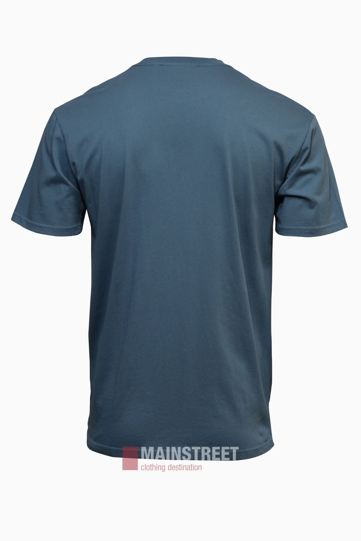 Back view of a plain, short-sleeved blue Pilbara Oil Can T-Shirt with a relaxed fit on a white background. The shirt features a simple design without visible logos or patterns.