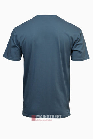 Back view of a plain, short-sleeved blue Pilbara Oil Can T-Shirt with a relaxed fit on a white background. The shirt features a simple design without visible logos or patterns.