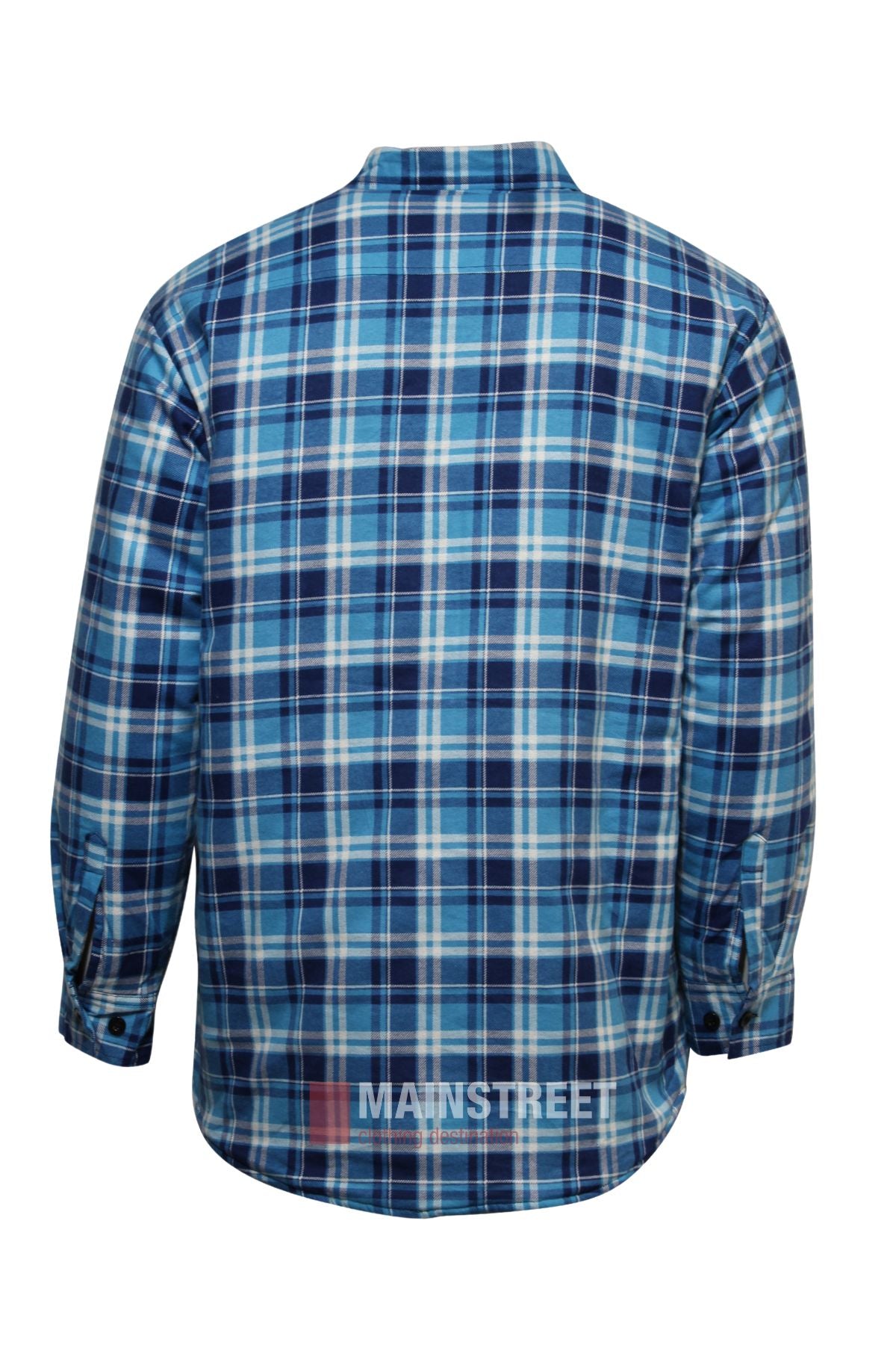 Back view of a Pilbara Flannelette Quilted Shirt, long-sleeve and buttoned, featuring a blue, white, and navy plaid pattern. Made from 100% cotton, shown on a white background with "MAINSTREET" near the bottom hem.