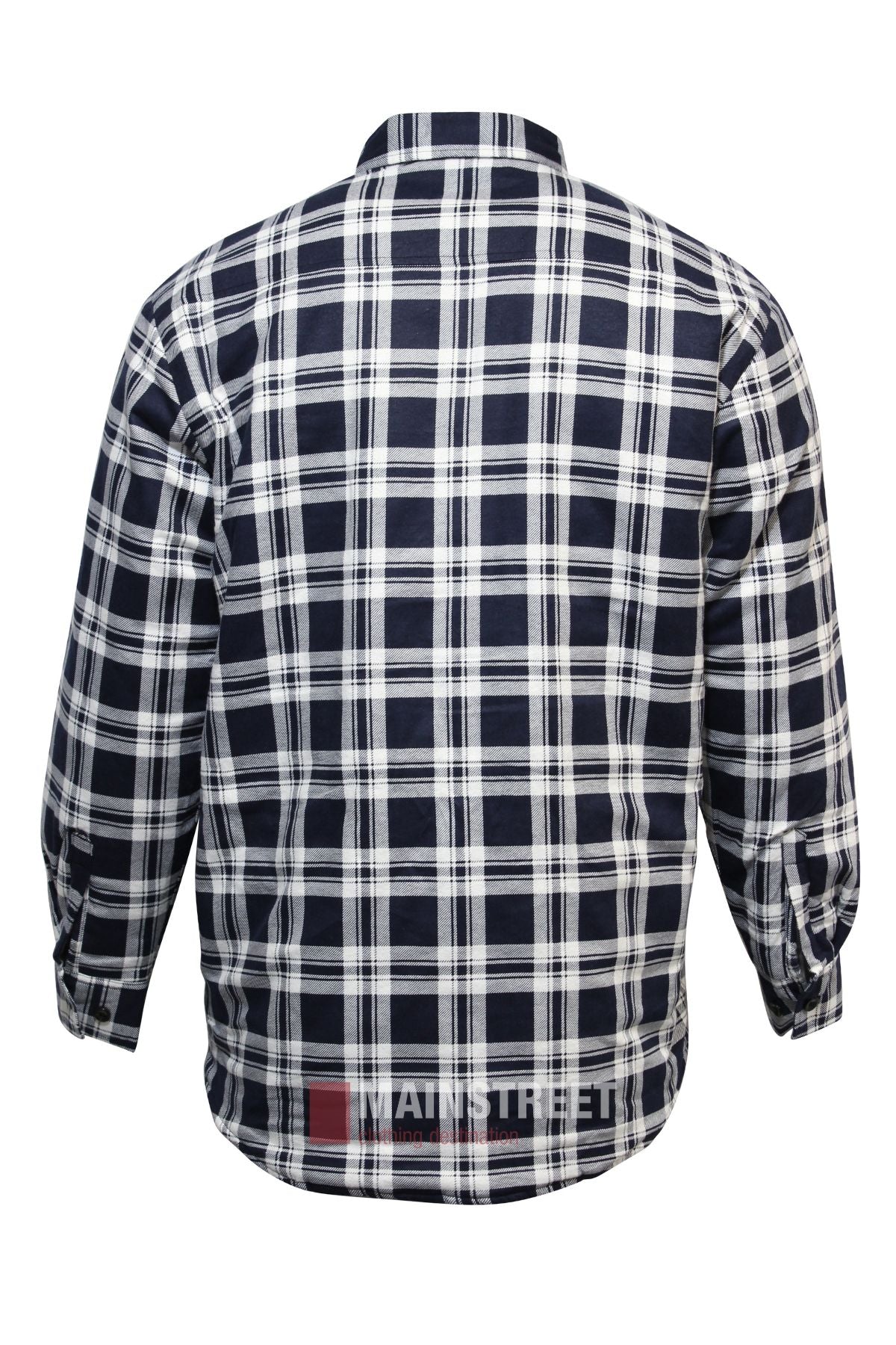 The Pilbara Flannelette Quilted Shirt is a long-sleeved, 100% cotton shirt in a navy blue and white plaid, shown from the back. It features buttoned chest pockets, a straight hem, and buttoned cuffs.