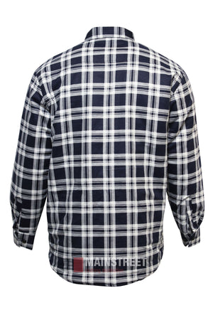 The Pilbara Flannelette Quilted Shirt is a long-sleeved, 100% cotton shirt in a navy blue and white plaid, shown from the back. It features buttoned chest pockets, a straight hem, and buttoned cuffs.