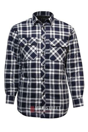 The Pilbara Flannelette Quilted Shirt is a long-sleeve, button-up made from 100% cotton with a navy, white, and black plaid pattern, chest pockets with buttons, classic collar, and "MAINSTREET" logo at the hem.