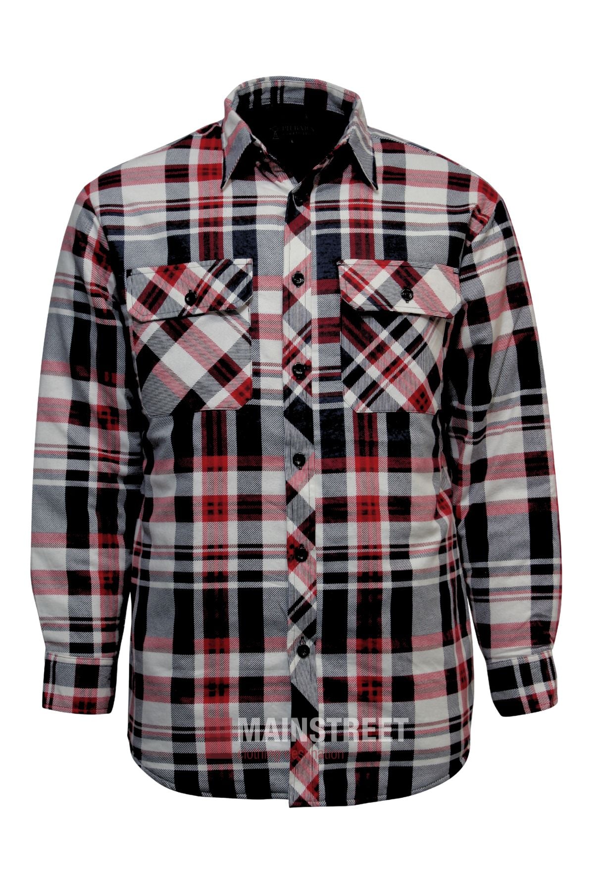 The Pilbara Flannelette Quilted Shirt is a 100% cotton, long-sleeve button-up with a red, black, white, and gray plaid pattern. It features two chest pockets with flaps and black buttons.