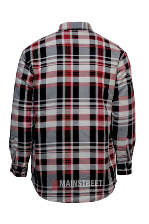 The Pilbara Flannelette Quilted Shirt is a long-sleeved, button-up 100% cotton shirt with red, black, gray, and white plaid and buttoned chest pockets. "MAINSTREET" is printed at the bottom of the back.