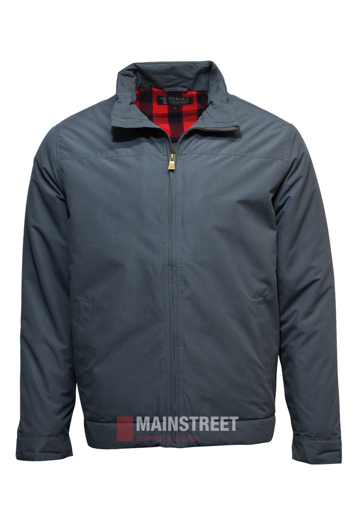 The Pilbara Quilted Jacket is a durable gray zip-up with a stand collar, front zipper, and red plaid lining, shown on a plain white background.