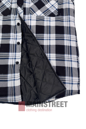 A close-up of the Pilbara Flannelette Quilted Shirt—black, white, and blue plaid cotton with black buttons, partially open to reveal its quilted black inner lining. The MAINSTREET clothing destination logo appears at the bottom.