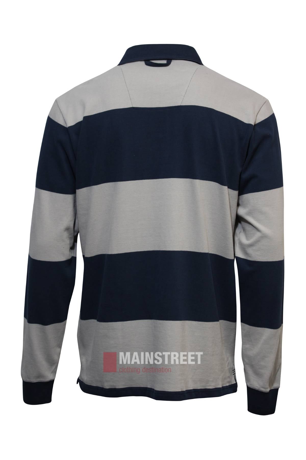 The Pilbara Rugby Jersey is a comfortable, long-sleeve shirt made from 100% cotton, featuring wide navy blue and light gray horizontal stripes, a collar, and ribbed cuffs. Shown from the back.