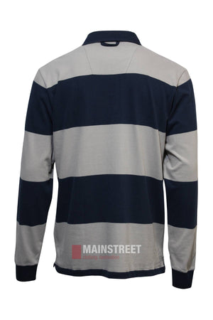 The Pilbara Rugby Jersey is a comfortable, long-sleeve shirt made from 100% cotton, featuring wide navy blue and light gray horizontal stripes, a collar, and ribbed cuffs. Shown from the back.
