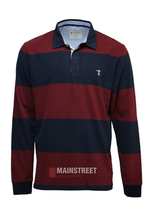 The Pilbara Rugby Jersey features wide maroon and navy stripes, a white collar, and a small embroidered logo on the left chest. Made from 100% cotton, this long-sleeve top is perfect for casual wear and is shown against a white background.