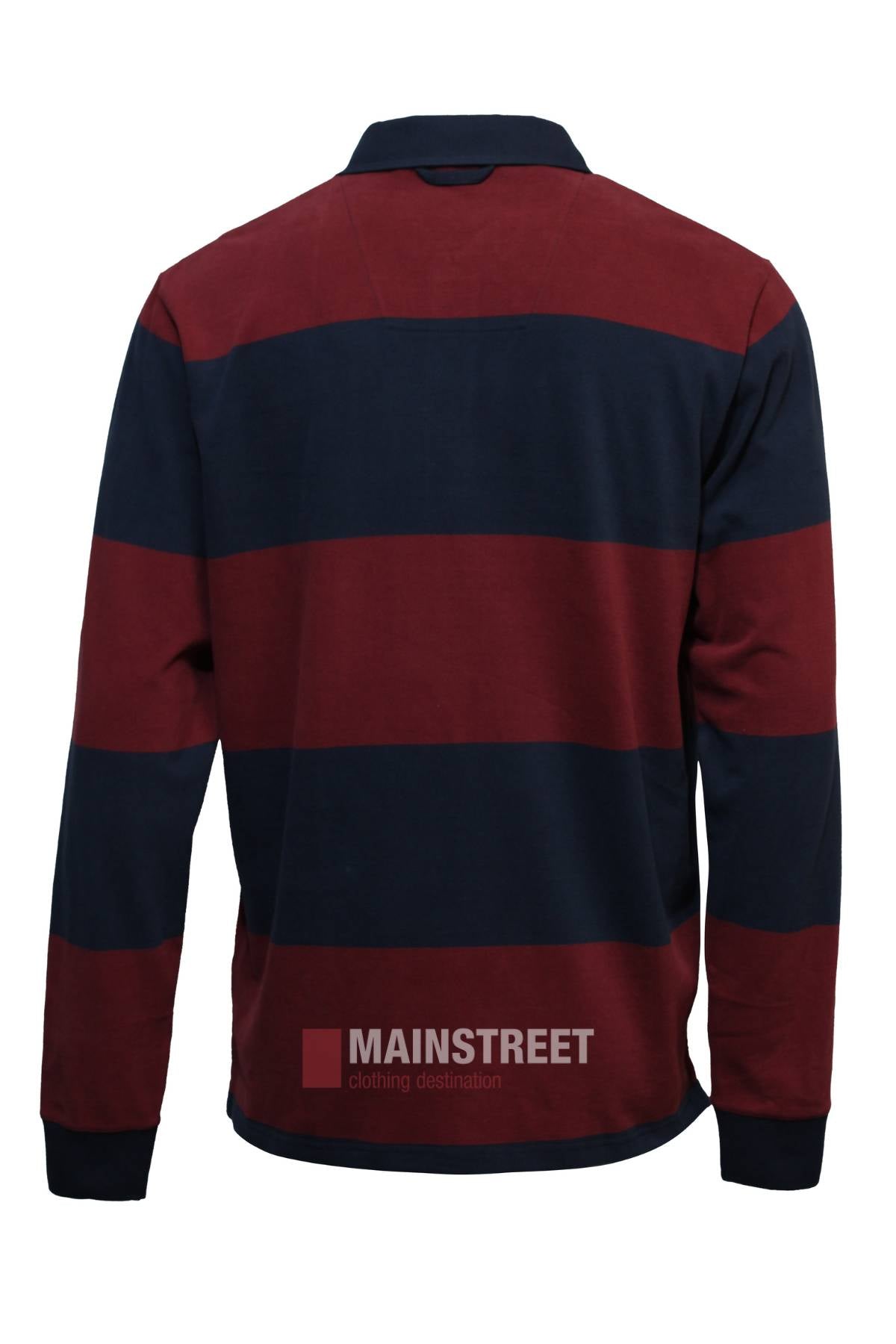 The Pilbara Rugby Jersey features wide horizontal maroon and navy stripes, long sleeves, and 100% cotton fabric. Shown from the back against a white background, it's ideal for casual occasions.