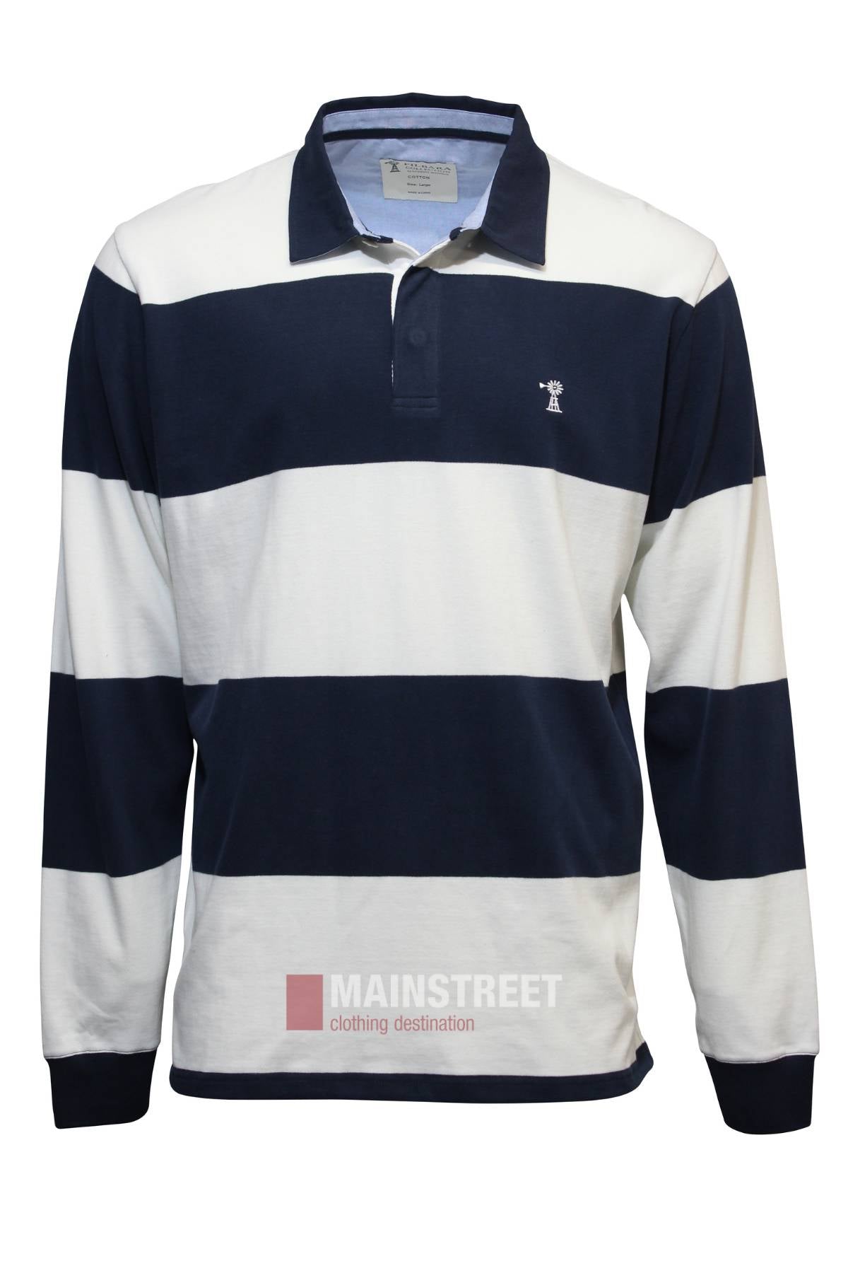 The Pilbara Rugby Jersey features wide navy and white stripes, a navy collar, and a subtle white embroidered logo on the left chest—ideal for casual wear.