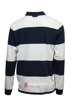 The Pilbara Rugby Jersey, shown from the back, is a navy blue and white long-sleeve shirt with wide horizontal stripes. Made from 100% cotton, it features a collar and ribbed cuffs—ideal for casual wear.