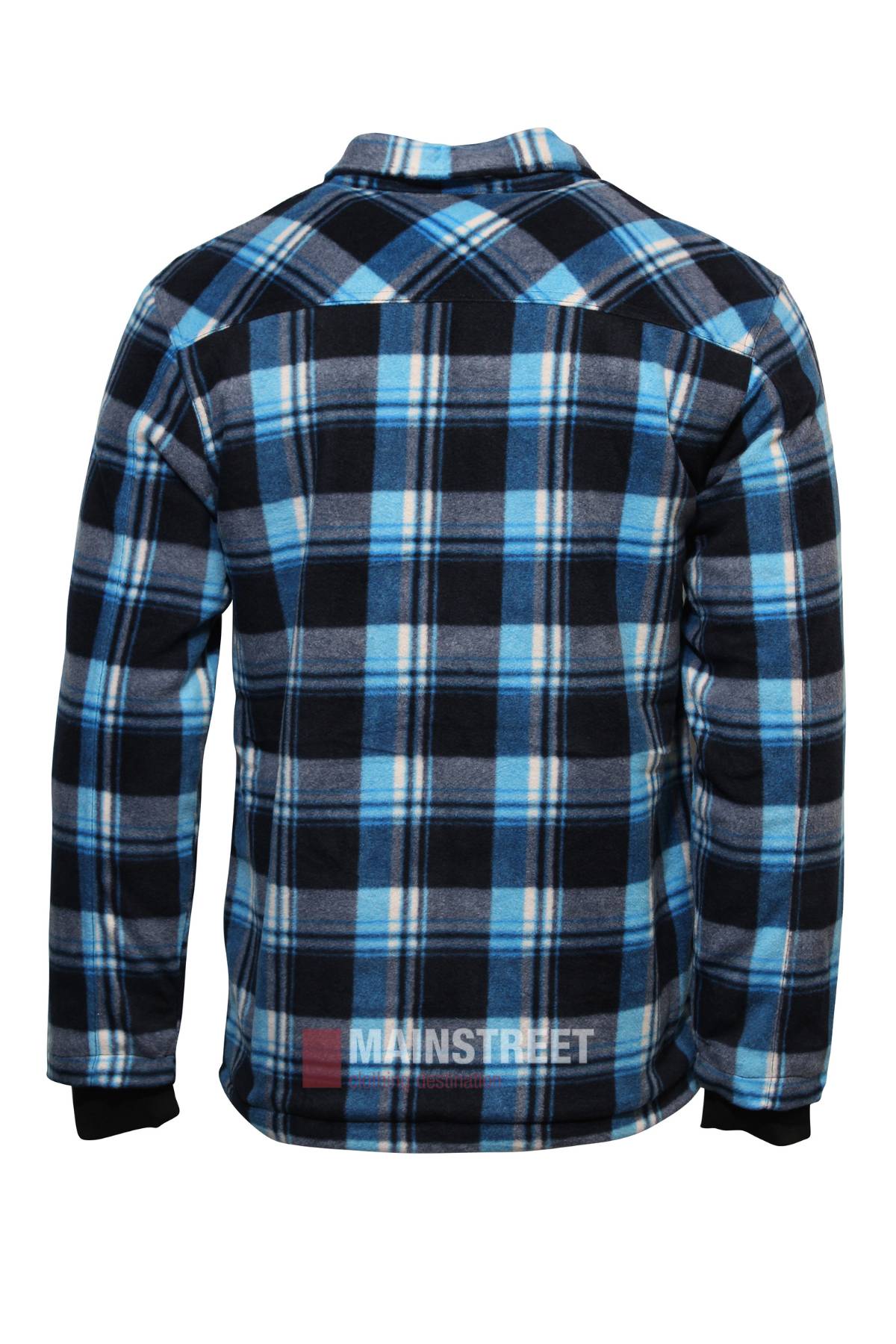 The Pilbara Sherpa Lined Check Jacket is a long-sleeved flannel with a blue, black, and white plaid pattern, rib knit cuffs, a collar, and shown from the back.