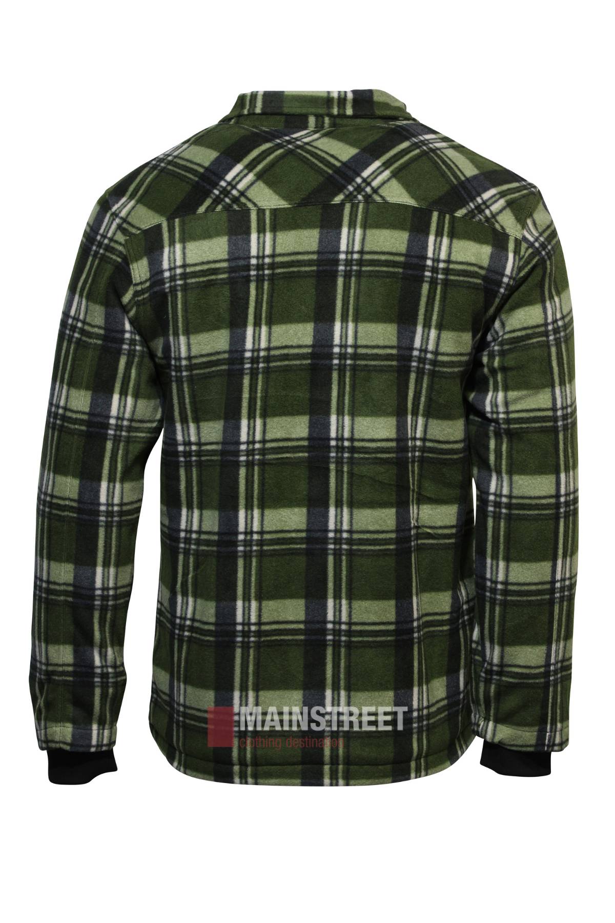 The Pilbara Sherpa Lined Check Jacket features a green, black, and white plaid design, collar, and black cuffs. Shown from the back with warm sherpa lining, it’s perfect for casual or outdoor wear in colder months.