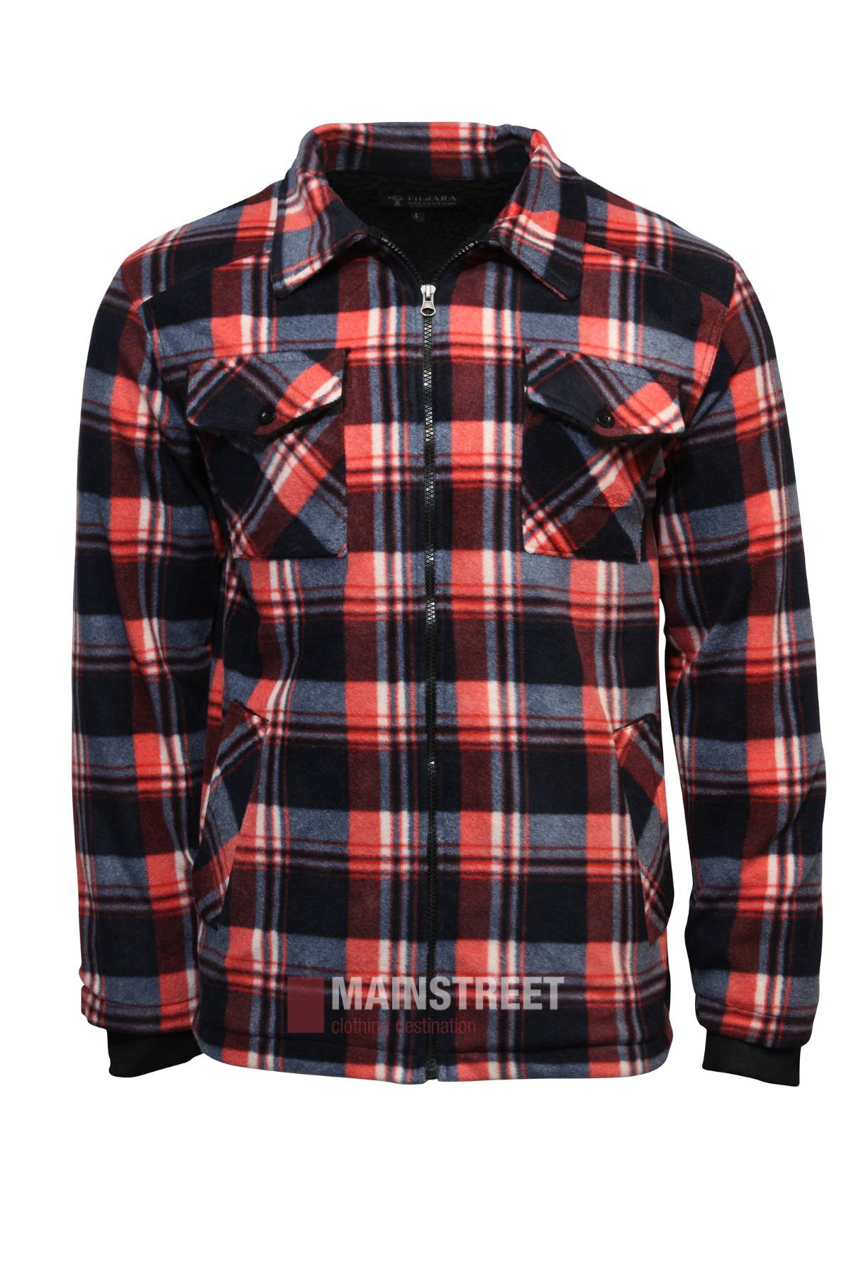 The Pilbara Sherpa Lined Check Jacket, shown on a white background, features red, black, and white plaid flannel, a zipper front, two chest flap pockets, two side pockets, sherpa lining for warmth, and rib knit cuffs.