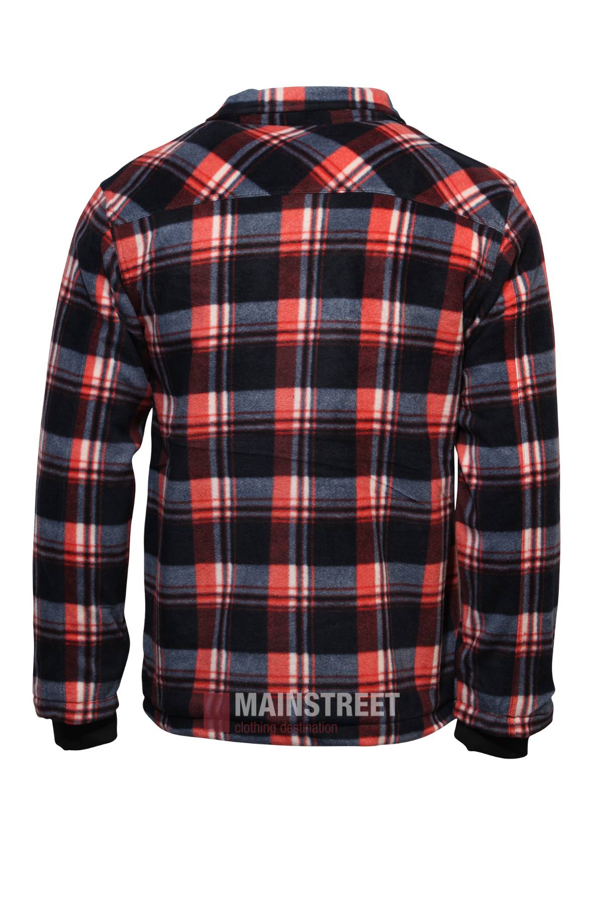 Back view of the Pilbara Sherpa Lined Check Jacket, showcasing a red, black, white, and gray plaid soft flannel exterior with a warm sherpa lining for added comfort.