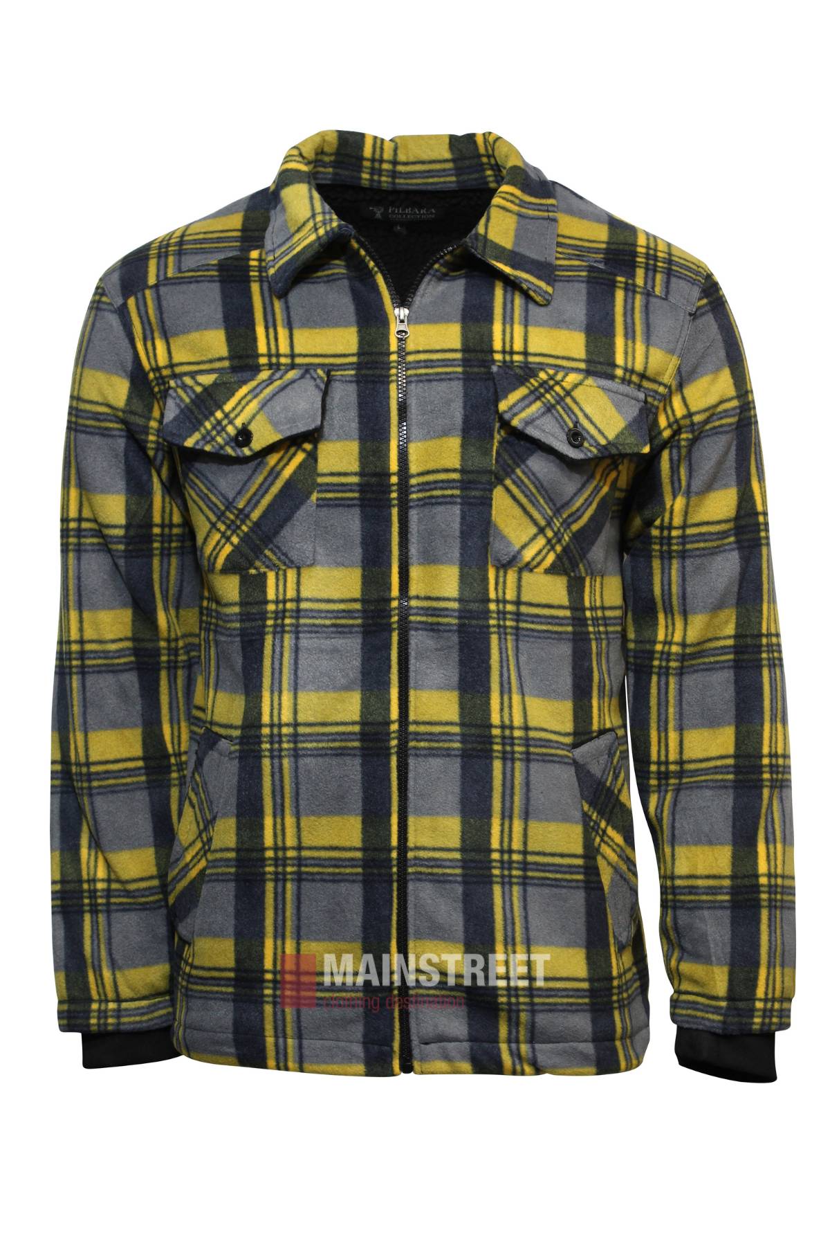 The Pilbara Sherpa Lined Check Jacket is a long-sleeve, zip-up winter flannel with a yellow, gray, and black plaid pattern, two chest pockets, and a collar, shown against a white background.