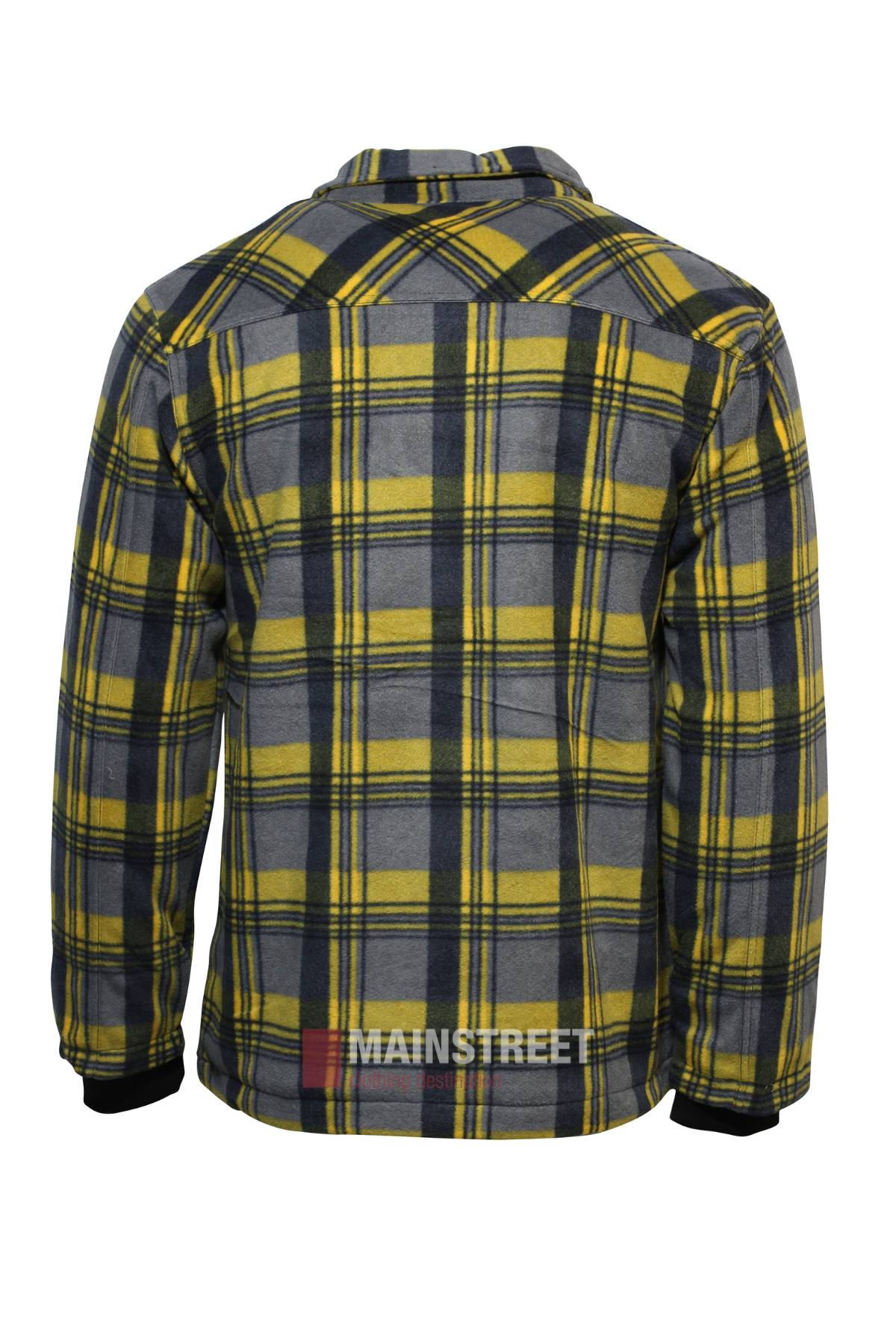 Back view of the Pilbara Sherpa Lined Check Jacket—long-sleeve, yellow, black, and gray with a collar and cozy sherpa lining—shown on a white background.