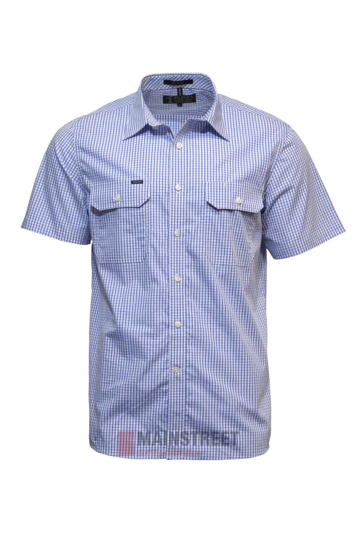 The Pilbara Short Sleeve Check Double Pocket Shirt features blue and white checks, a button-up front, two buttoned chest pockets, and a pointed collar, shown on a plain white background.